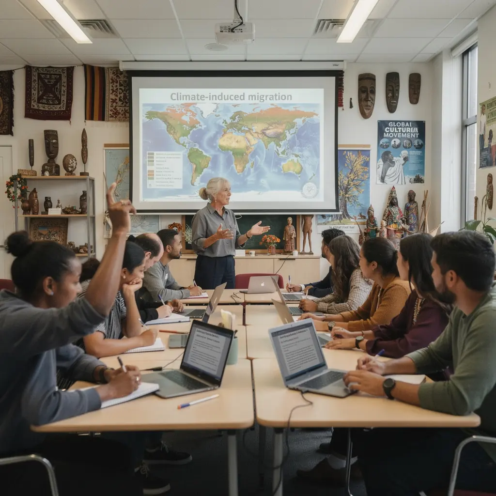 Ein Dozent erklärt die Grundlagen der kulturellen Anthropologie vor einer digitalen Präsentation.