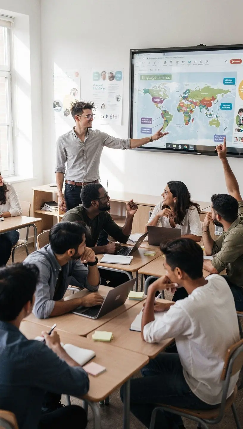 Ein Dozent erklärt die Grundlagen der kulturellen Anthropologie vor einer digitalen Präsentation.